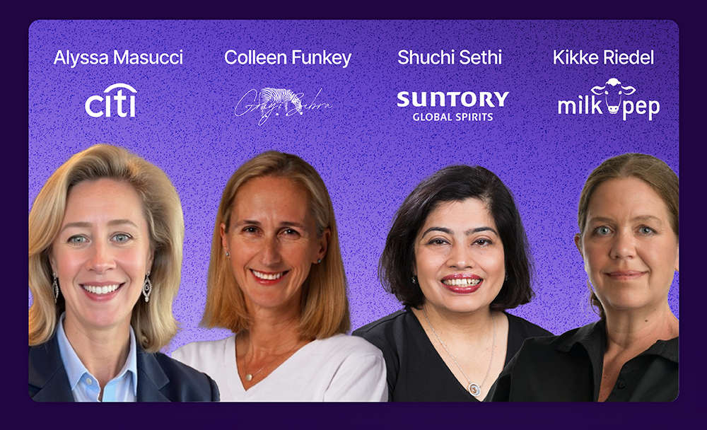 Image featuring insights leaders Alyssa Masucci (Citi), Colleen Funkey (Grey Zebra), Shuchi Sethi (Suntory Global Spirits), and Kikke Riedel (MilkPEP) on a purple textured background with company logos.