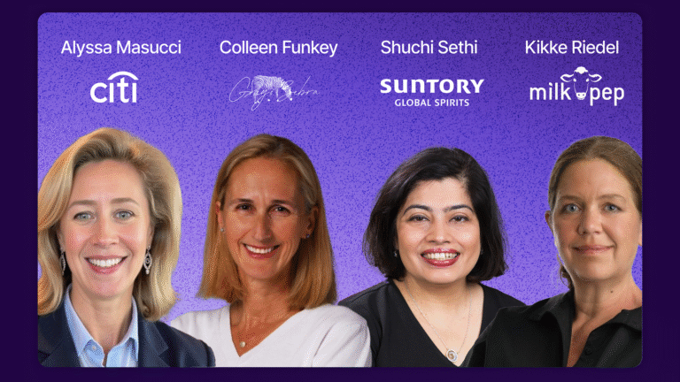 Image featuring insights leaders Alyssa Masucci (Citi), Colleen Funkey (Grey Zebra), Shuchi Sethi (Suntory Global Spirits), and Kikke Riedel (MilkPEP) on a purple textured background with company logos.